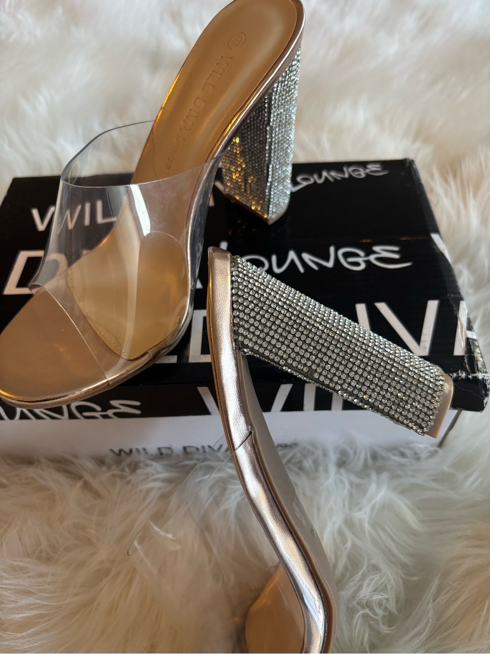 DIVA Lounge Clear PVC Slide with Gold Rhinestone Block Heel